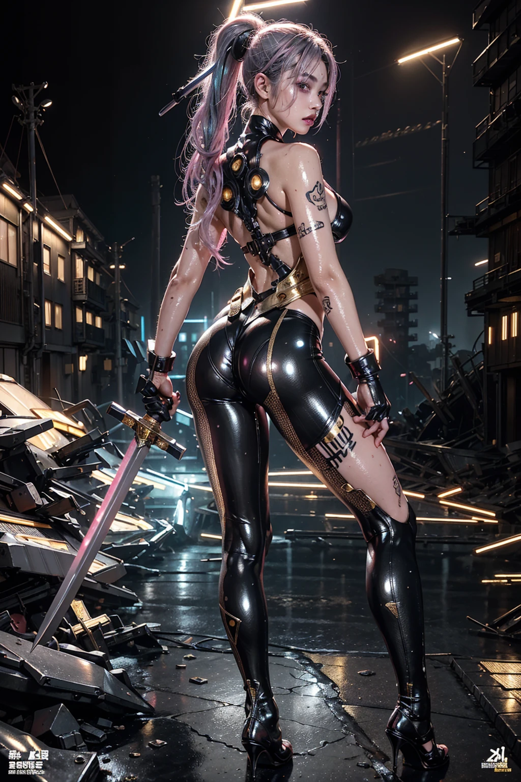 (photorealistic:1.4), (best quality:1.0), (ultra highres:1.0), 8k, RAW photo, (masterpiece:0.2)
Cybernetic_Jawless, 1girl, asian cyberpunk girl, (topless), ((pink)), black pencil skirt, (butt focus), (transparent panty), (legs open wide:1.3), (squirting:1.3), pink hair, (back view), facing the viewer, (shy face),