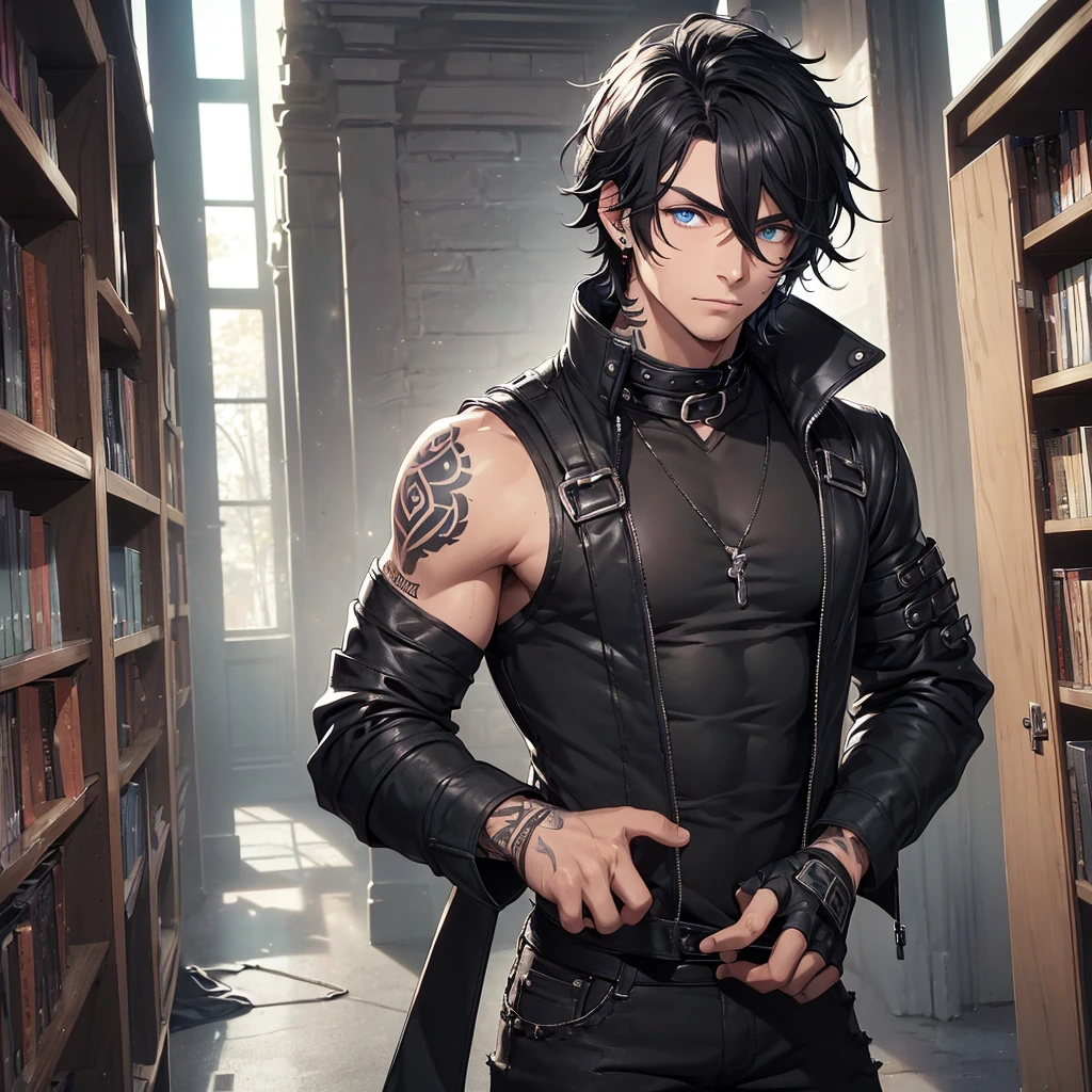((A single man who has dark black hair in the “Shaggy Hair” style messy that goes down to his shoulders and he has light blue eyes having 4 piercings in his ear. The same man has a defined body and arms full of burning rose tattoos, He wears a black shirt with a high collar and sleeves, wearing black jeans, black boots and fingerless gloves..)) ((library setting and day lighting))