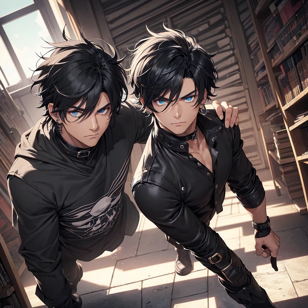 ((A single man who has dark black hair in the “Shaggy Hair” style messy that goes down to his shoulders and he has light blue eyes having 4 piercings in his ear. The same man has a defined body and arms full of burning rose tattoos, He wears a black shirt with a high collar and sleeves, wearing black jeans, black boots and fingerless gloves..)) ((library setting and day lighting))