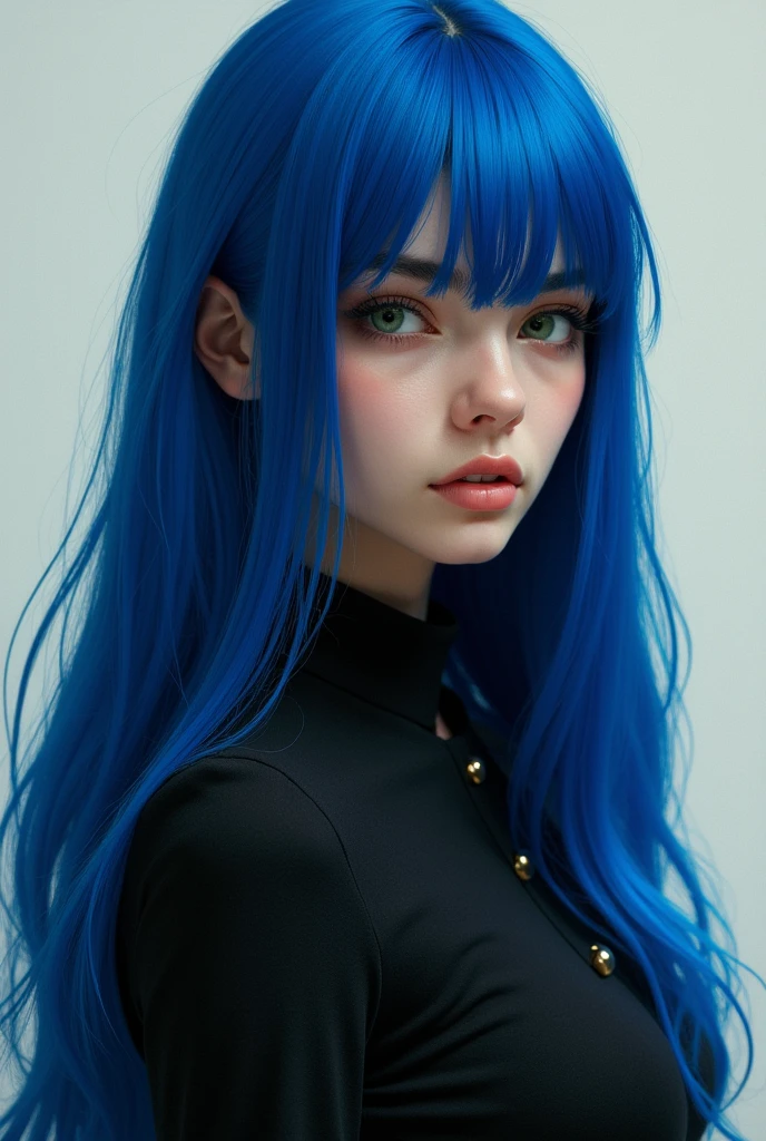 Catarina Sousa is a 1 whose appearance is as striking as her personality. Of average height, measuring around 1.65m, she has a presence that is difficult to ignore. Her blue hair is her most distinguishing feature, long and straight, extending halfway down her back. The vibrant color of her hair is something she adopted as a way of expressing herself, standing out in the crowd. His bangs, which fall softly over his forehead, often partially cover his eyes, giving him an air of mystery and a somewhat distant appearance. Catarina's eyes are an intense green, shining with a depth that reflects both her determination and her hidden vulnerability. These green eyes, in contrast to the blue hair, create a mesmerizing, almost surreal look that catches the attention of anyone who crosses your path. They are the portals to her emotions, even if she tries to hide them behind a closed and serious expression. Her face has a delicate shape, with soft features that combine harmoniously. Catarina's skin is clear, almost pale, and smooth, with no visible imperfections. His eyebrows are thin and well-shaped, arching slightly above his eyes, which accentuates his penetrating gaze. The small, straight nose complements her balanced features, while her lips are thin and a natural pink, usually compressed into a straight line that rarely curves into a genuine smile. Catarina has an upright and confident posture, but her shoulders carry a slight tension, signaling that she is always on alert, ready to defend herself from any emotional threat. His hands, thin and elegant, reveal a delicacy that contrasts with his tougher exterior personality. Even so, her expressions and gestures are always restrained, reflecting the self-control she imposed on herself as a result of past traumas. As for style, Catarina prefers clothes that reflect her strong and independent personality. She often wears combinations of dark tones, such as black and gray, which contrast with her hair and skin,