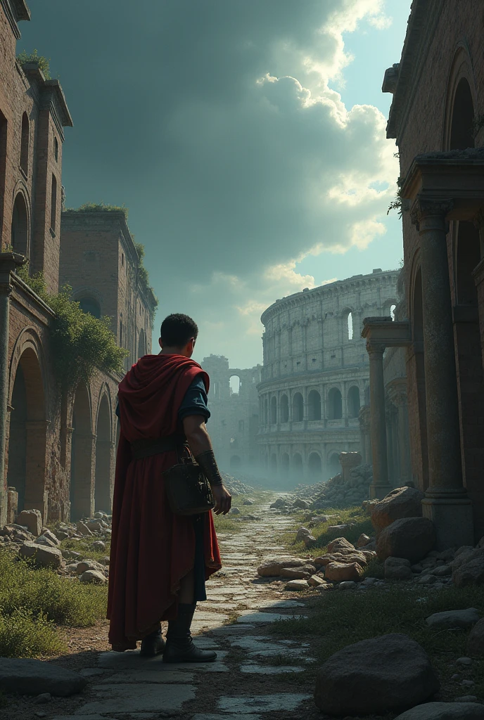 The Fall of the Roman Empire
A crumbling Roman city with dilapidated buildings, a decaying Colosseum in the background, and overgrown vegetation reclaiming the streets. A dark, stormy sky looms overhead, symbolizing the impending doom of the empire. In the foreground, a defeated Roman soldier stands alone, surrounded by ruins and relics of a once-great civilization.
