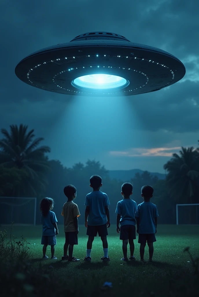 Group of six  of humble origins with ages between eight, Ten and lve yearuela, Guarico state, one night while playing soccer on a field, they see a round, oval, navy blue UFO appear with lights that rotated around it. Inside the saucer are two Nordic extraterrestrials, a woman and a man in blue suits stuck to their bodies, watching the paralyzed children. 