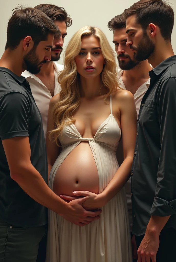 A pregnant blonde woman with 6 men around her
