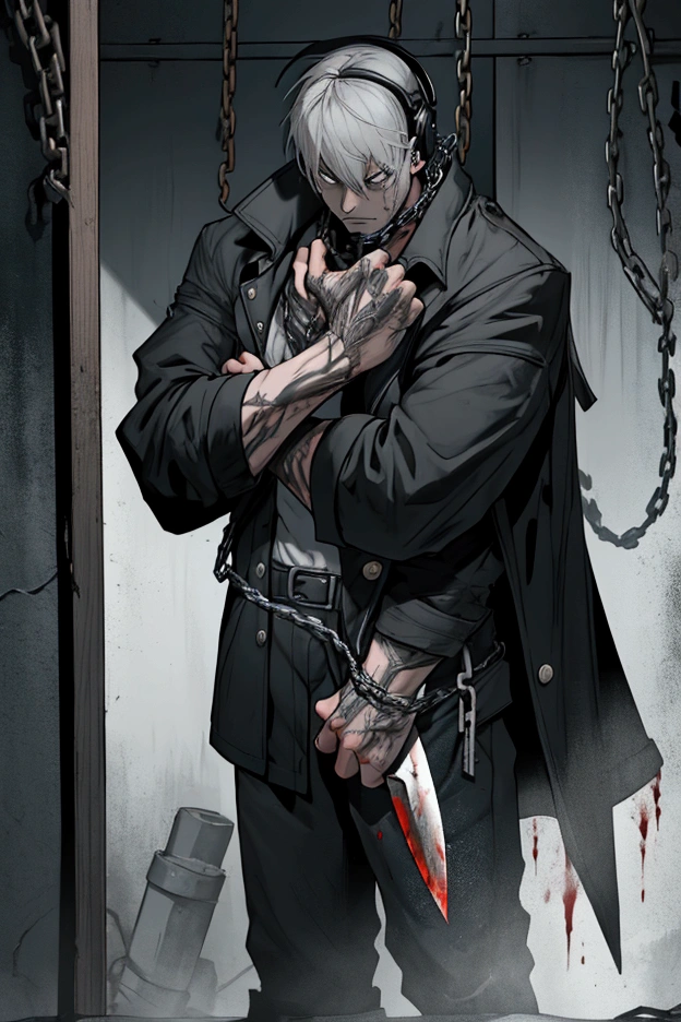 knife two male characters, the one on the right wears a black coat with a headset hanging around his neck, he has a metal hand with half-closed fists, he has an angry expression. the character on the left is a psychopath, he has blood on his hands and a knife, they are in a dark shed, No fundo, there is a man whose legs were ripped off, he has his head down and is hanging by his arms with chains
