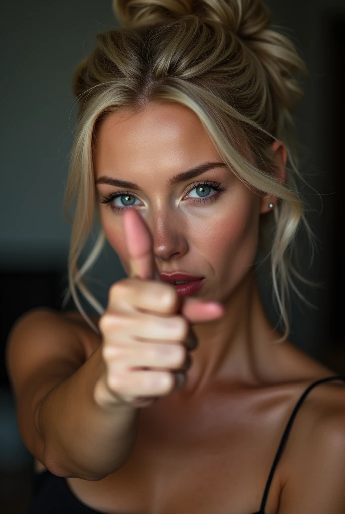 Plan buste. A single sexy blonde with a finger raised up. This finger must not hide his face make sure that this finger is outside the face