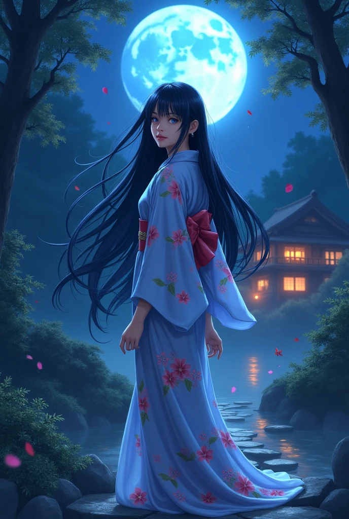 long black hair anime woman with blue eyes in a light blue yukata with Pink flowers, standing on a forest in the night with a blue moon in the sky and a classic japanese house with lights up in the background and a stone path