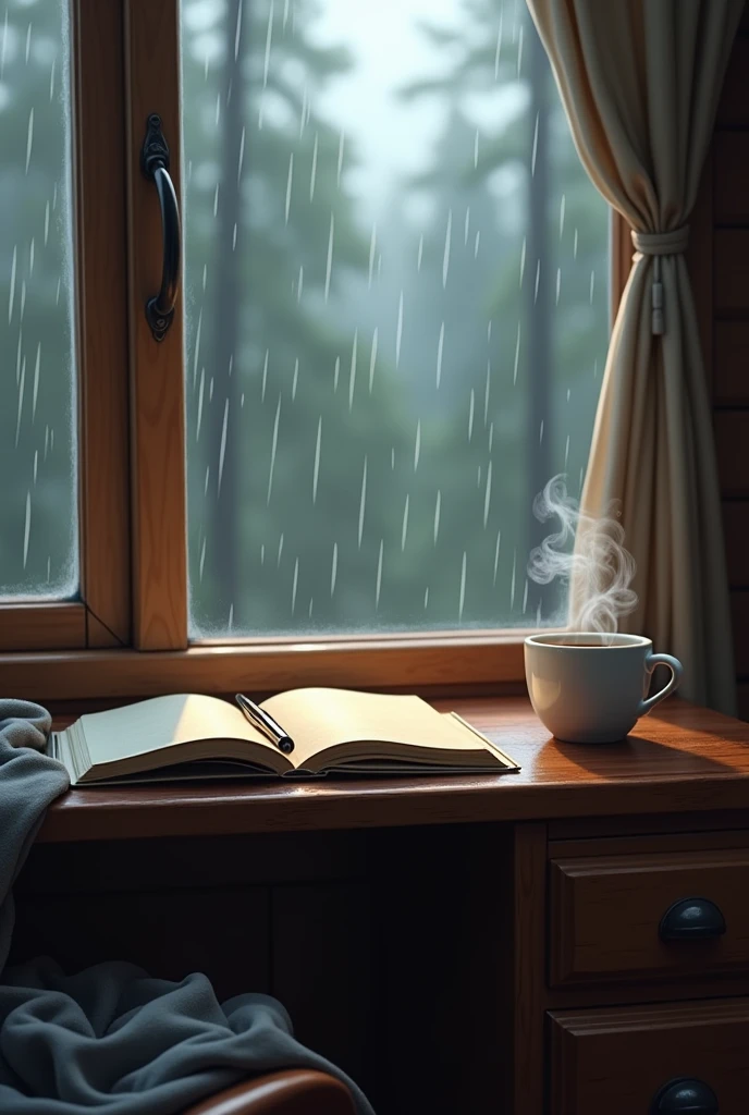 "A realistic scene inside a cozy cabin in the woods during a rainy day. The focus is on a wooden desk by a foggy window, where rain is gently streaming down the glass. On the desk lies an open notebook, with a pen resting on its pages. Next to the notebook, a steaming cup of coffee emits wisps of vapor, adding warmth to the scene. A crumpled t-shirt is casually thrown on the wooden floor beside the desk. The view through the window shows blurred trees, their outlines softened by the rain. The atmosphere is serene and contemplative, with muted, natural colors emphasizing the tranquility of the moment."