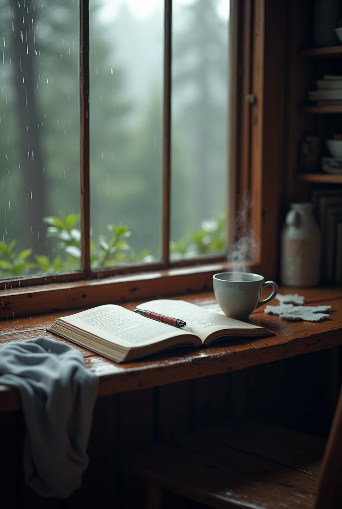 "A realistic scene inside a cozy cabin in the woods during a rainy day. The focus is on a wooden desk by a foggy window, where rain is gently streaming down the glass. On the desk lies an open notebook, with a pen resting on its pages. Next to the notebook, a steaming cup of coffee emits wisps of vapor, adding warmth to the scene. A crumpled t-shirt is casually thrown on the wooden floor beside the desk. The view through the window shows blurred trees, their outlines softened by the rain. The atmosphere is serene and contemplative, with muted, natural colors emphasizing the tranquility of the moment."