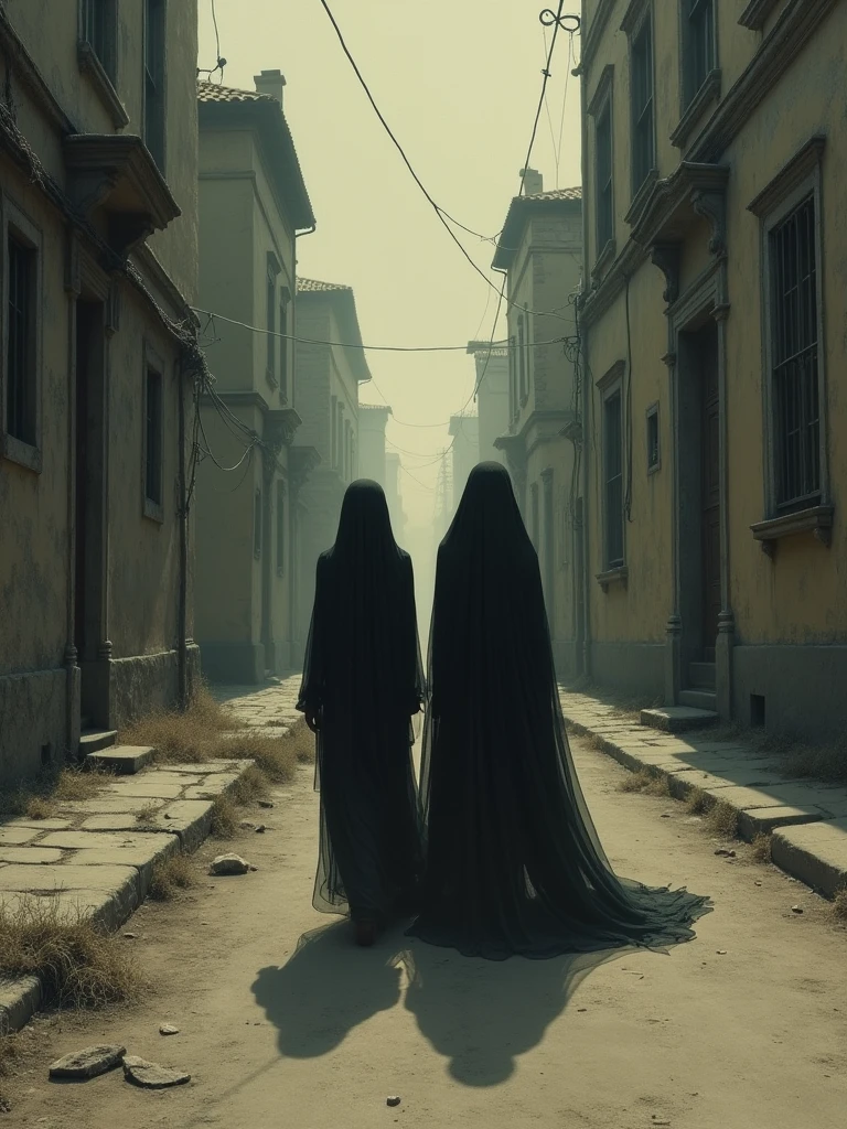 Depict a haunting image of two women walking down a deserted street., with an artistic style that pays homage to Alfred Kubin. Create an oppressive and unsettling atmosphere., with dark tones and surreal details that challenge reality. Capture the feeling of loneliness and melancholy in a striking and unconventional way