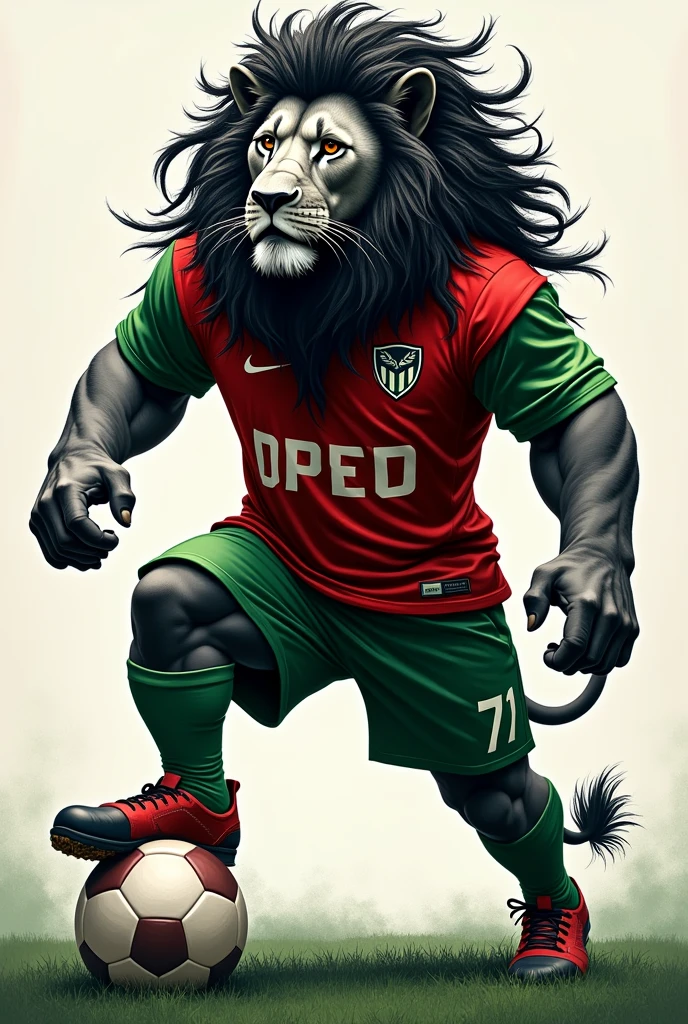 create a drawing of a black and white lion with dreadlocks in his mane with the colors red and green standing and stepping on a soccer ball dressed in a soccer team uniform without a shield or markings with the colors red and green written large on the BABA shirt UNITY
