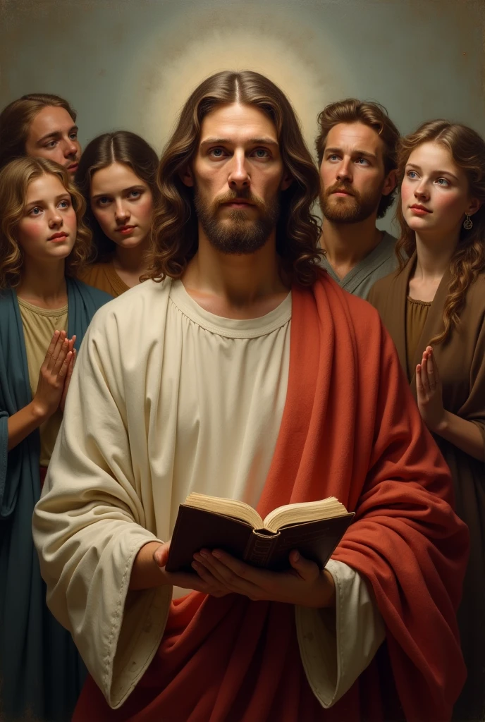 Christ with a bible and young people and families behind