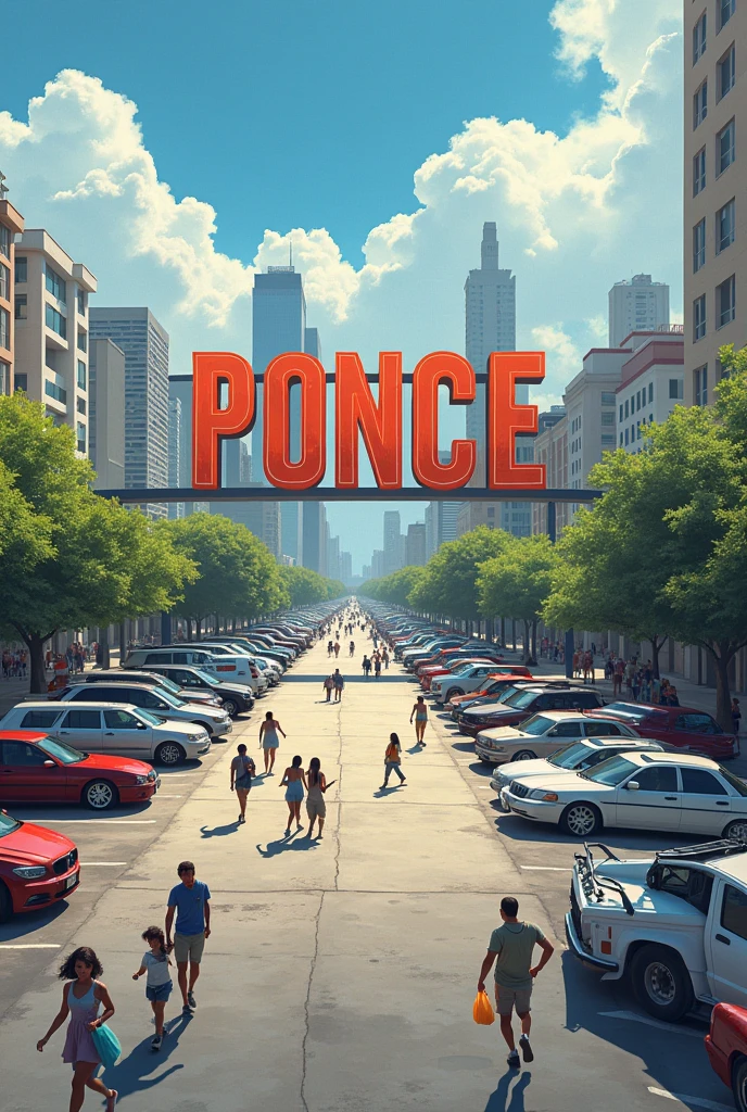 A parking lot with a big sign that says Ponce