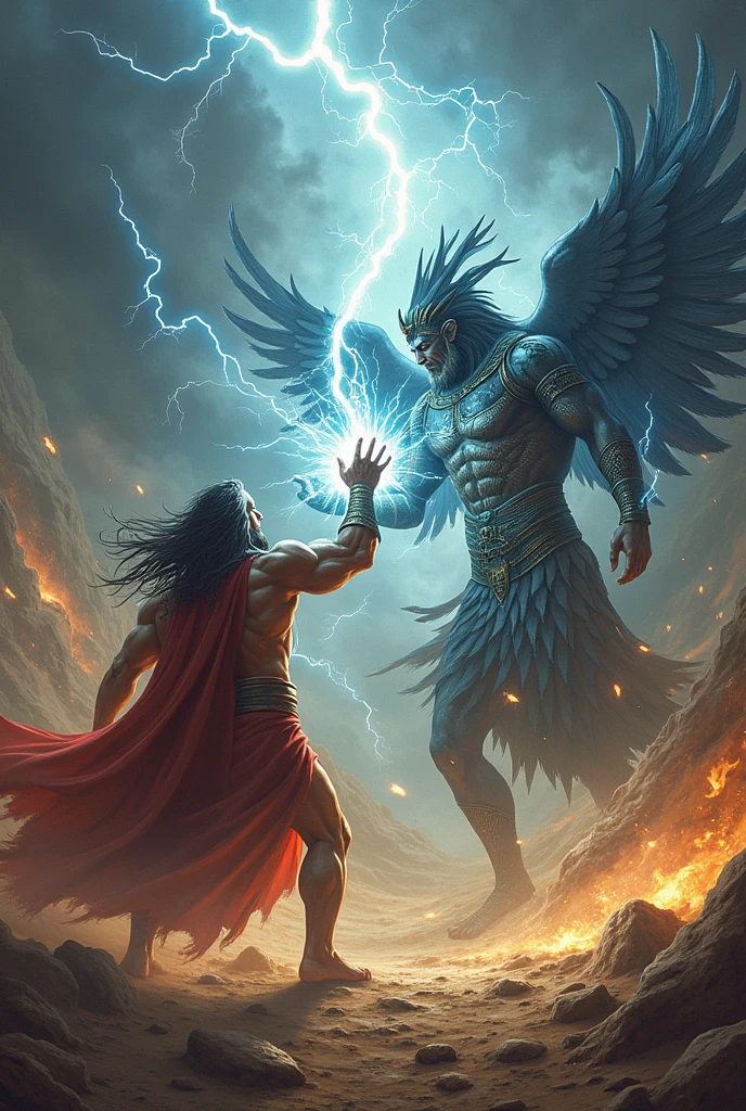 an art of zeus god of thunder fighting when the god of death osiris