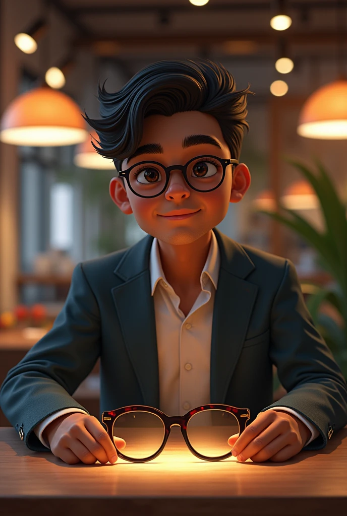 Draw a person named Carlos with dark skin and height 165, delgado, pronounced nose, small black eyes of northern Mexican roots with a face in the shape of an inverted triangle, approximately 20 years old, selling luxury glasses