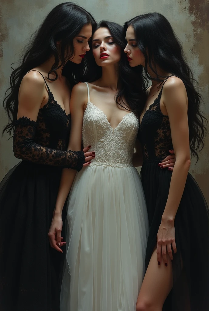 Masterpiece,
Beautiful bride in white dress seduced by alluring lesbian vampires, evil, gothic black lace dress, flattering, cleavage, Long Hair, kiss, bride turning into vampire, evil aura, dark, evil, sexy, (full body)