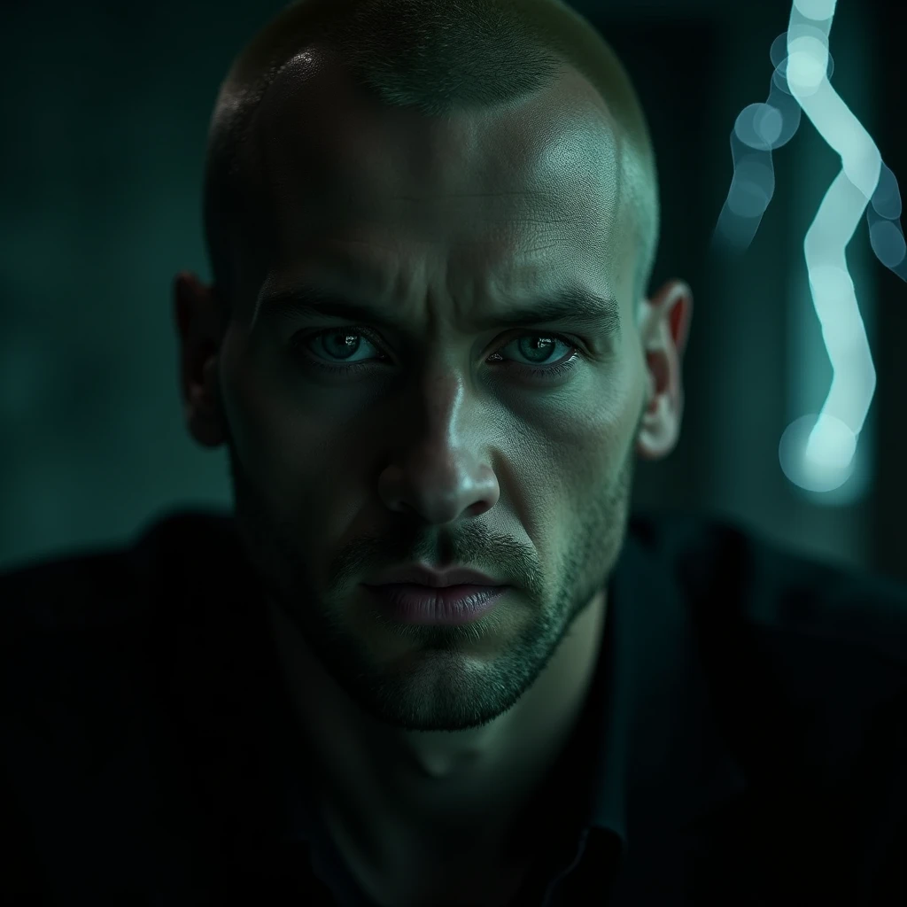 (Photorealism:1.2), high quality, 8K Ultra HD, A cinematic masterpiece unfolds: face close-up of a man with short blonde buzz-cut hairstyle, goatee,evil eyes looking at the camera. face half in shadows. shadow side has one glowing green eye, realistic, intricate details, cold colors. The scene is captured in 8K resolution with realistic lighting, pronounced hard shadows, and occasional lightning flashes, rendered with a 50mm lens at f/2.8 for optimal depth of field. The cold colors and somber atmosphere enhance the cinematic, photo-realistic quality.