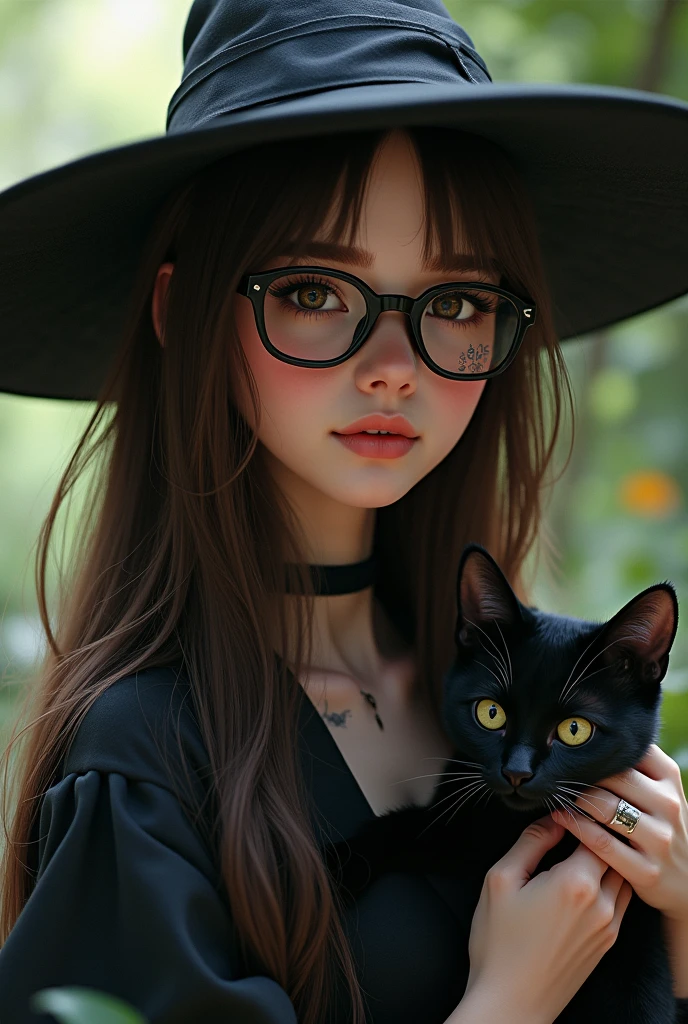 A witch with a hat A brown-haired woman with long straight hair, light brown eyes, eyelashes, an oval face, white tattoos, with square glasses with black frames and her witch's knot with her black cat