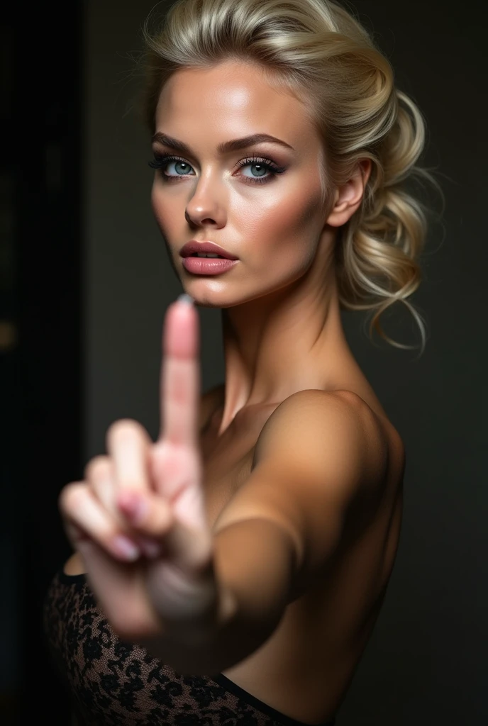 Plan buste. A single sexy blonde with a finger raised up. This finger must not hide his face make sure that this finger is outside the face