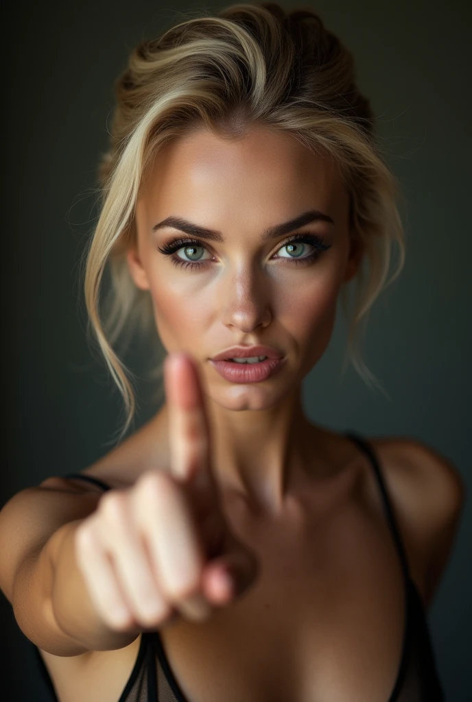 Plan buste. A single sexy blonde with a finger raised up. This finger must not hide his face make sure that this finger is outside the face