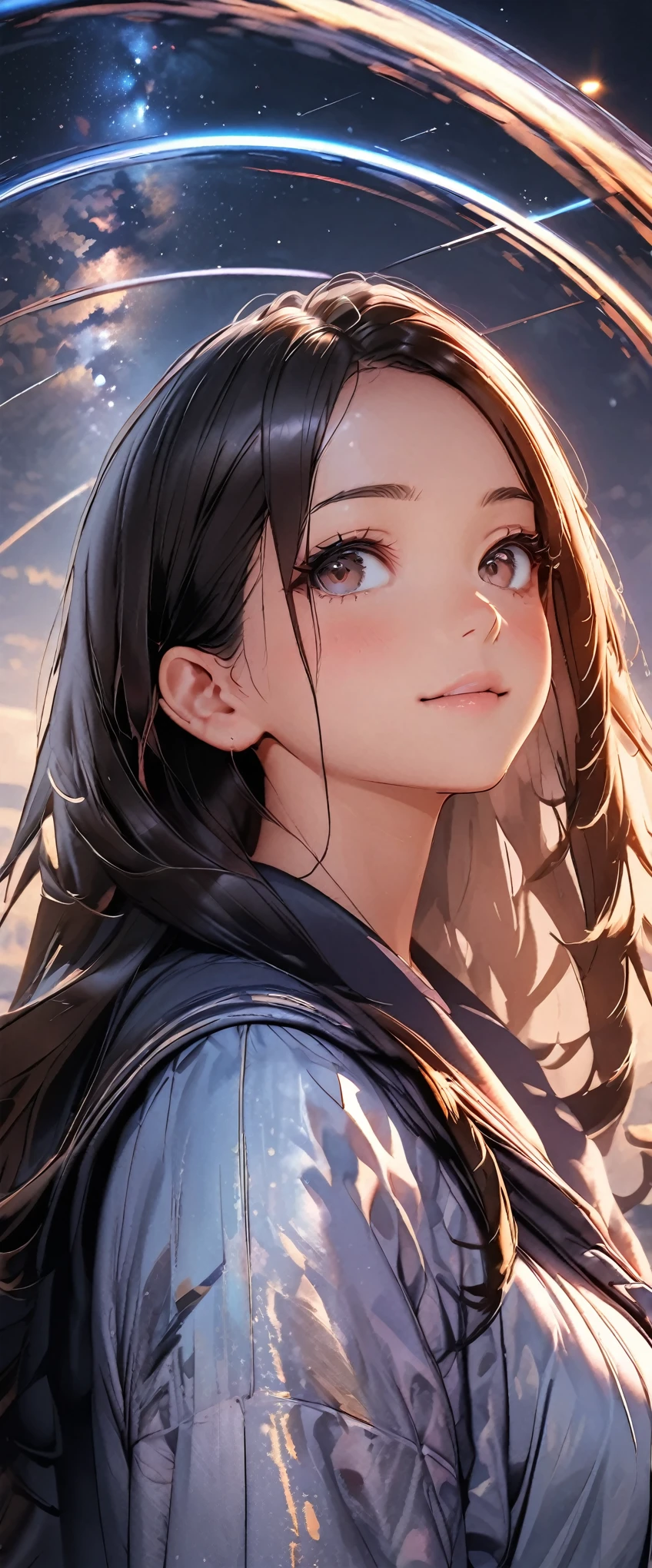 8k,wallpaper of extremely detailed CG unit, masterpiece,hight resolution,top-quality,top-quality real texture skin,hyper realisitic,increase the resolution,RAW photos,best qualtiy,highly detailed,the wallpaper,cinematic lighting,ray trace,golden ratio, BREAK ,many stars twinkling in a beautiful bright winter night sky, long exposure starry sky with many circular orbits, silhouette of a cute young woman with long hair with her hands in her coat pockets looking up at it, photo taken from long distance, photo from below, beautiful kaleidoscope multiple exposures overlapping