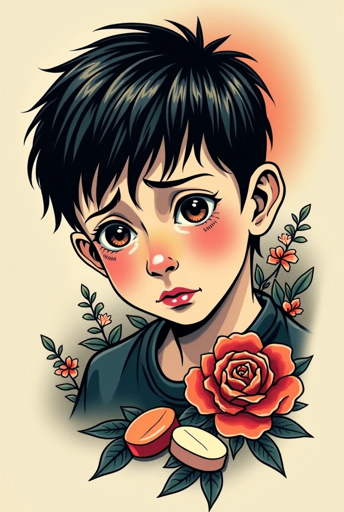 A shirtless dark-haired boy with curly hair covered in cartoon-style tattoos