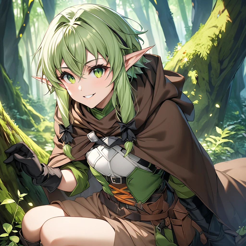 One person, high elf archer \(goblin slayer!\), goblin slayer!,  elf, green hair, green eye, black ribbon, brown cloak, black gloves, smile、A masterpiece break in a fantastic forest、Beautiful attention to detail:1.2, Perfect lighting, (perfect hand, perfect anatomy), Precise depiction、Vibrant colors