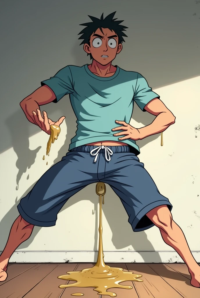 Anime A young slender muscular man is peeing himself. He looks scared and panicking. Pee wet spot on his blue short pants. His pee is dripping down from his pants. Morning. Anime