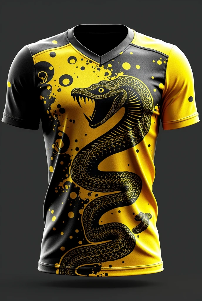 Create an image of an interclass shirt Team name Torra-Torra FC With a snake Color black and yellow With the symbol of the Ying Yang