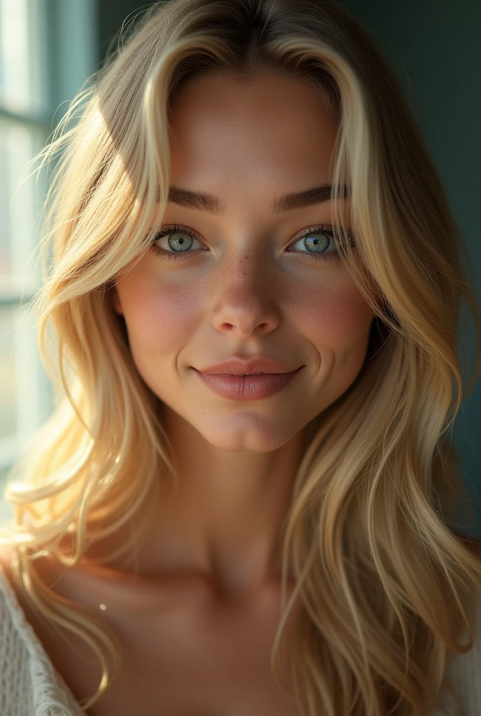 Create a realistic image of a beautiful woman with long blonde hair and striking blue eyes. She has a few natural imperfections on her face, such as freckles or slight blemishes, which add to her authenticity and charm. Her expression is warm and inviting, showcasing her personality. The background should be softly blurred to emphasize her features, with gentle lighting that highlights her unique beauty