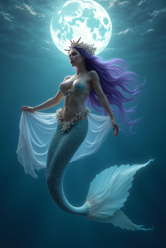Enchanting mermaid with deep purple hair, Decorated with a crown of starfish and shells. She wore a skimpy top and flowing skirt made of sparkling sea glass., A sheer veil wraps around her body. She swims gracefully through the moonlit sea, Her tail shines in shades of silver and blue.. She is in calm water, And the full moon above is reflected on the water's surface. Her eyes sparkle、The expression is calm, Embodying the mystery and charm of the deep sea. Aim for a realistic portrayal, Take your photos in the highest resolution possible (8k)