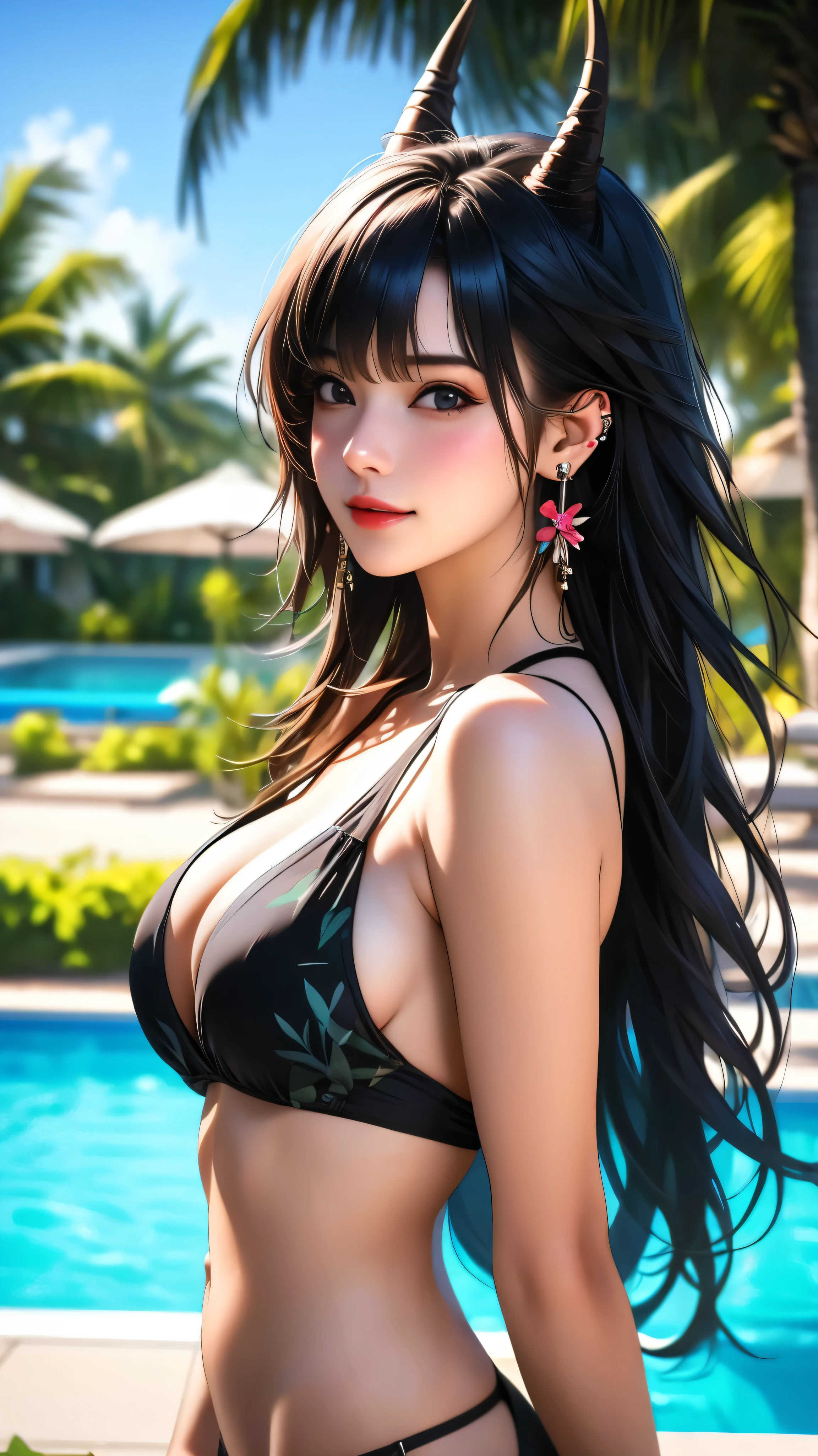 1girl, palm tree, horns, earrings, jewelry, breasts, swimsuit, looking at viewer, pool, long hair, solo, smile, bikini, palm leaf, water, floral print, branch, black hair, bangs, ocean, bare shoulders, beach, upper body, poolside, tree, outdoors, cleavage, black bikini, medium breasts, ear piercing, from side, blurry background, blurry foreground, depth of field, (best quality,4k,8k,highres,masterpiece:1.2),ultra-detailed,(realistic,photorealistic,photo-realistic:1.37)