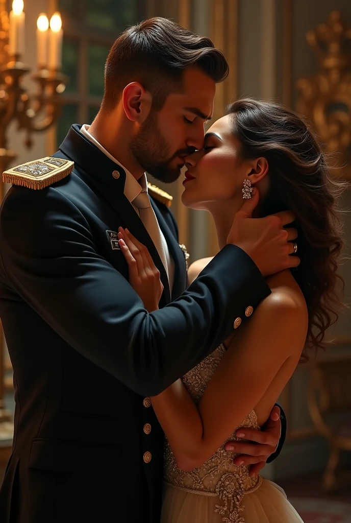 blond colonel with blue eyes white, and a woman resembling Adriana Lima with grey eyes hugging or kissing