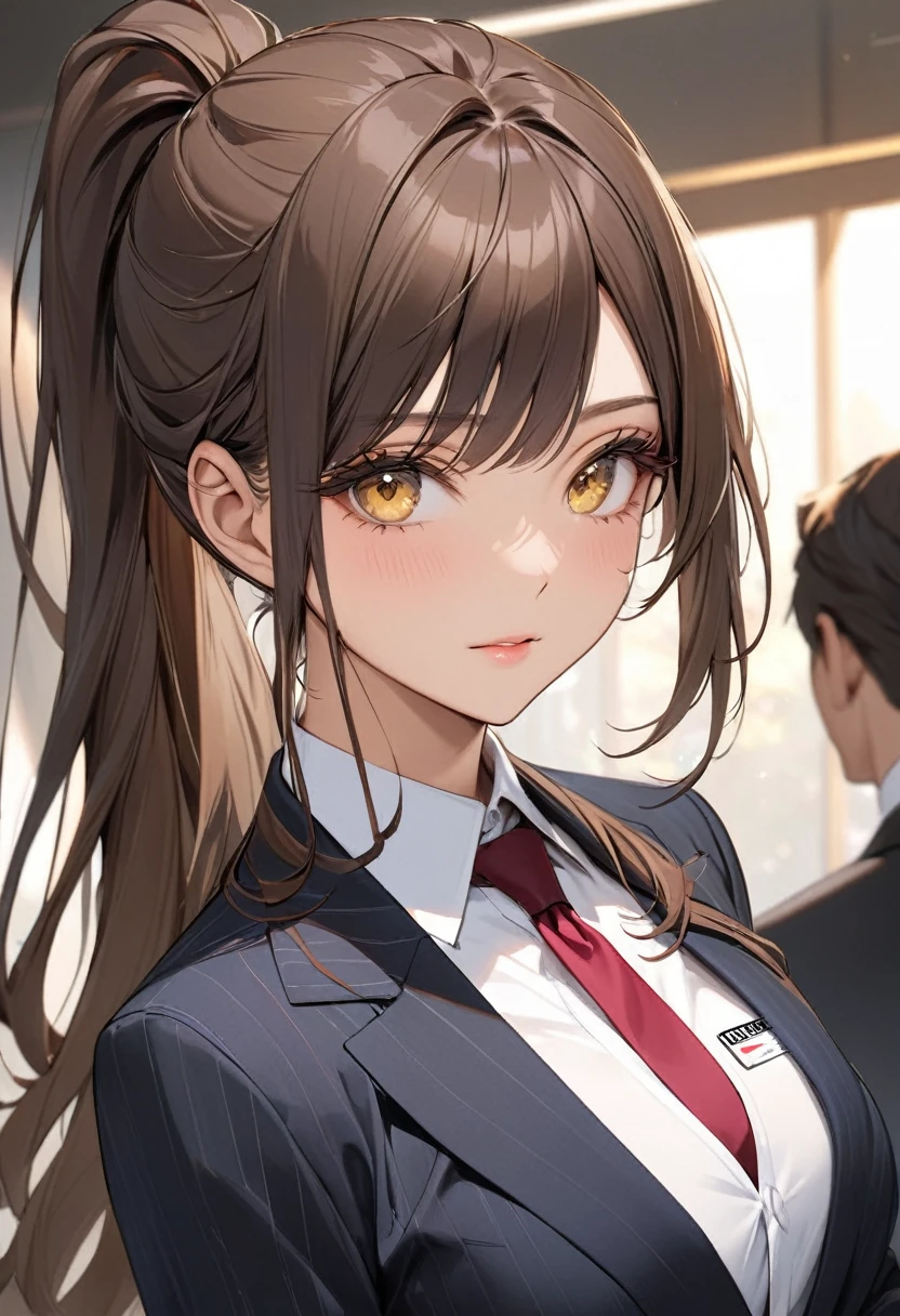((best quality)), ((Masterpiece)), (details), Young woman, Medium bust, brown hair, yellow eyes, ((long hair, ponytail)), handsome face, (Tanned skin:1.3), Long eyelashes, Thick eyelashes, detailsดวงตา, Business attire，Debate，name card