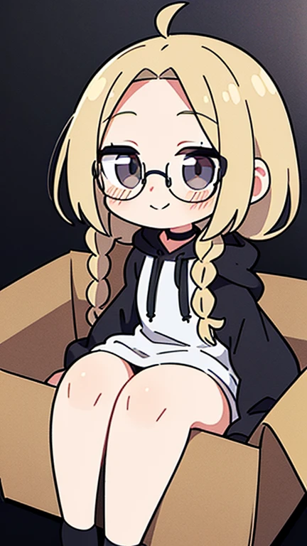 Beige hair color, center parted bangs, forehead exposed, no hair on the sides of the face, large glasses, black sleeveless hoodie, bob hair with reduced volume, long braids from the nape of the neck to the chest on both sides, holding a large cardboard box in both hands, gray eyes, shy smile, choker, adult woman, blushing cheeks, beautiful, black sleeveless hoodie, chibi character