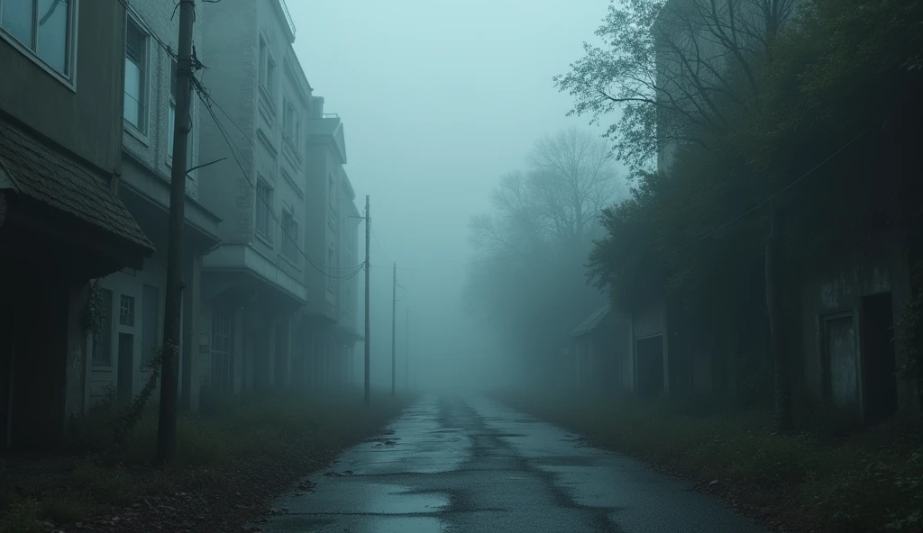 an abandoned street with a lot of fog and three paths: an underground tunnel, an open street and a forested area.