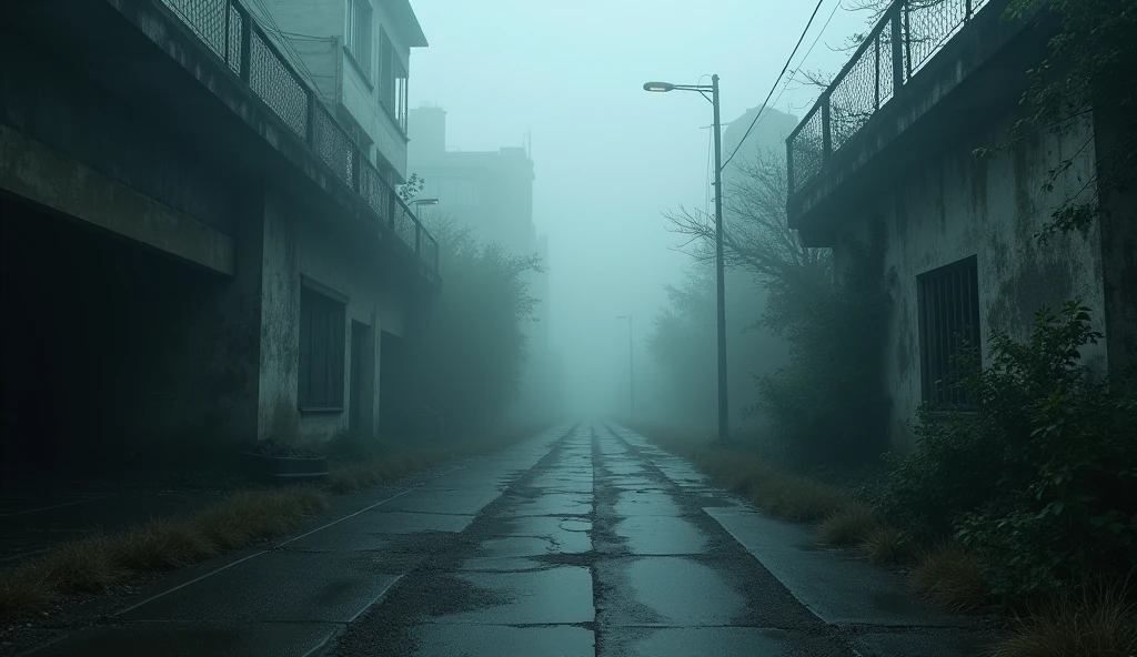 an abandoned street with a lot of fog and three paths: an underground tunnel, an open street and a forested area.