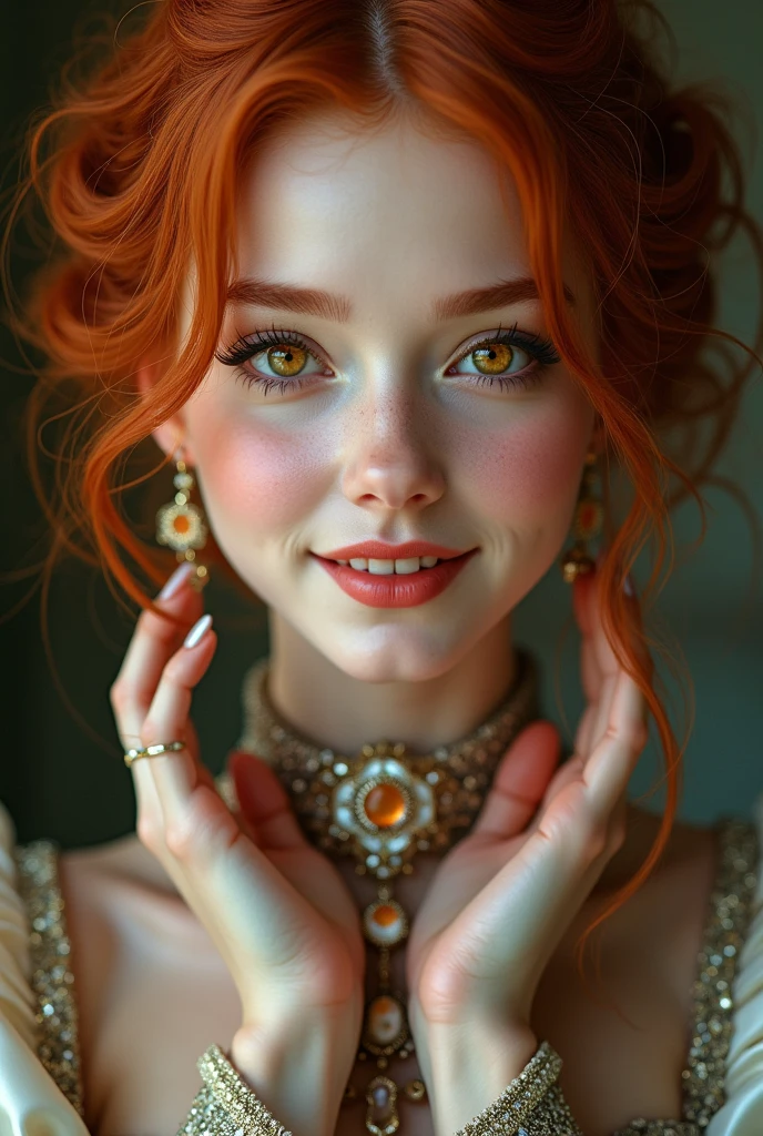 (8k 16k, RAW photo, best quality, master:1.2), (realistic, photo-realistic:1.37), ultra detailed, 1girl,solo, upper body, red hair, big gold eyes, realistic, looking at viewer, happy, smile, masterpiece, realistic photography, by Alphonse Mucha, by Wlop, ), (Exaggerated Perspectives), f/ 2.8, (Surrealist Style), Visionary Art, (Trending on artstation) intricate outfit, intricate jewelry, necklace, large earrings, full body, victorian boots,