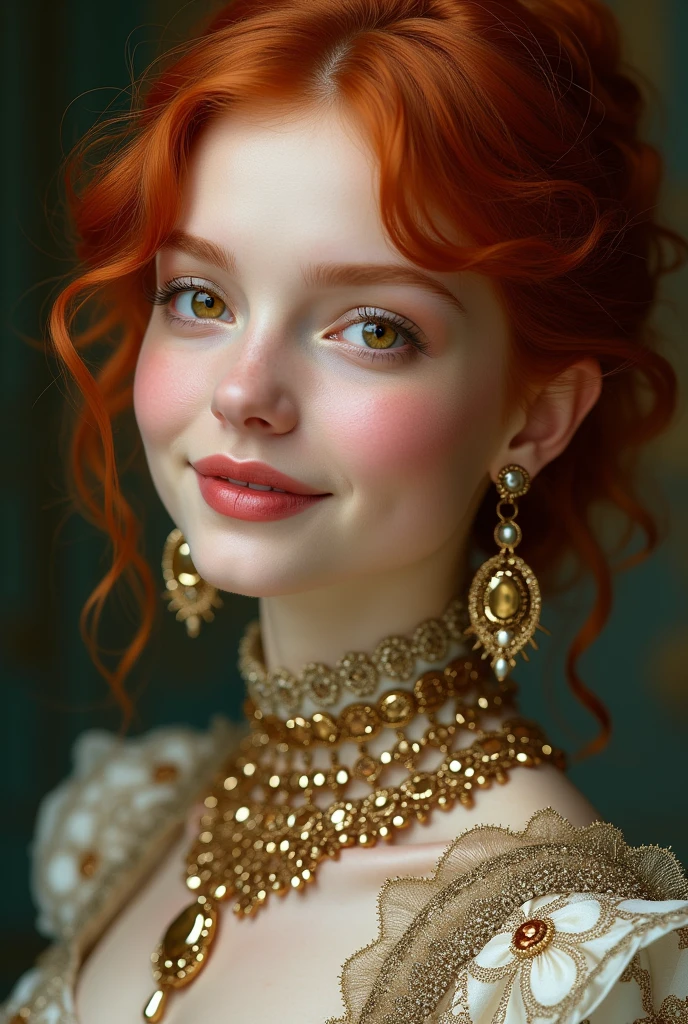 (8k 16k, RAW photo, best quality, master:1.2), (realistic, photo-realistic:1.37), ultra detailed, 1girl,solo, upper body, red hair, big gold eyes, realistic, looking at viewer, happy, smile, masterpiece, realistic photography, by Alphonse Mucha, by Wlop, ), (Exaggerated Perspectives), f/ 2.8, (Surrealist Style), Visionary Art, (Trending on artstation) intricate outfit, intricate jewelry, necklace, large earrings, full body, victorian boots,