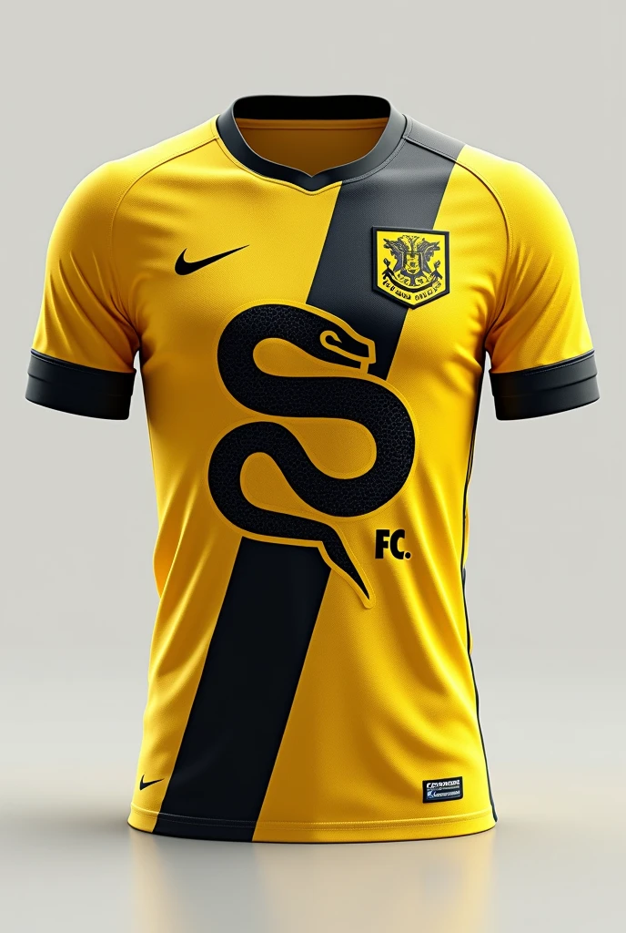 Create an image of an interclass shirt Team name Torra-Torra FC With a snake Color black and yellow With the Ying Yang symbol With the Nike symbol