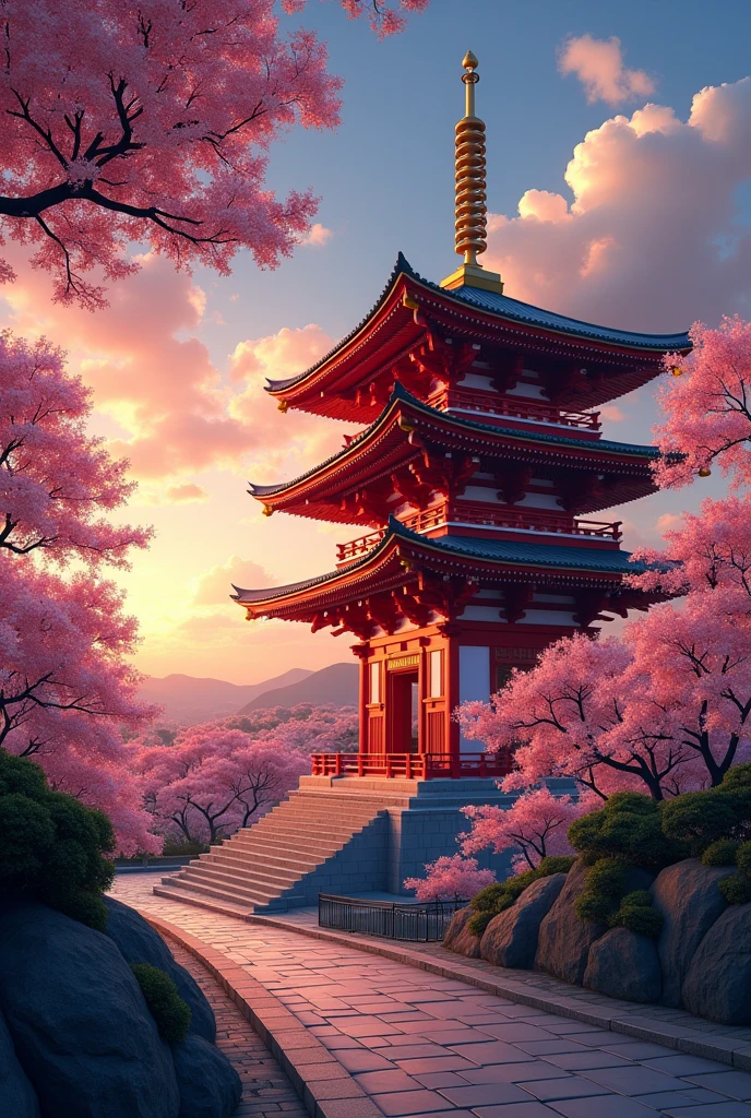 "A wide shot of Senso-ji Temple at dusk, bathed in the warm glow of the setting sun. The intricate details of the temple's architecture are meticulously drawn, showcasing its vibrant red and gold accents. Utilize Makoto Shinkai's signature style by emphasizing the play of light and shadow, capturing the ethereal beauty of the temple as the sky transitions from a warm orange to deep blue. Include a few cherry blossom trees in full bloom, their petals gently swaying in the breeze, adding a touch of delicate beauty to the scene."