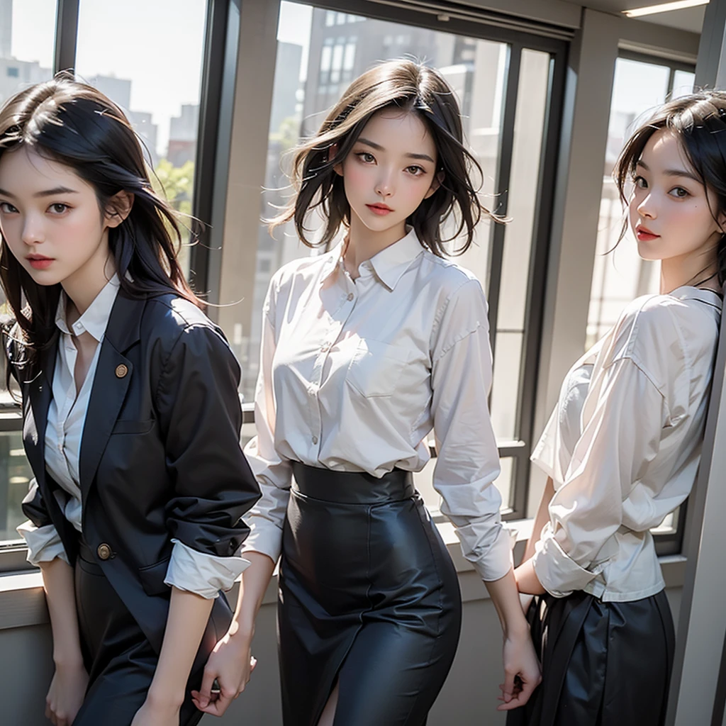 Three women walking while waiting for a traffic light in an office building in Tokyo, Japan. High resolution images of women. They are all、Wearing sexy and glamorous clothes, Including custom-made suits, Tight Skirt, High heels. Each woman has her own style, but、They complement each other.
The first one is wearing a black skirt and a black jacket., The second is a tight grey skirt and sleeveless blouse., The third is a navy blue skirt and button-down shirt.; A woman seduces a man with an irritated look. Under clear skies, Sophisticated, Glass office building, A man passes by and admires a woman. The lighting is natural and bright, Capture the energy and dynamism of this scene. The overall atmosphere is professional, Cooperative, And empower. The image was taken from a little further back.、Horizontal to capture all three women。, With a moderate depth of field、The focus remains on the woman、Slightly blur the background for emphasis。.
