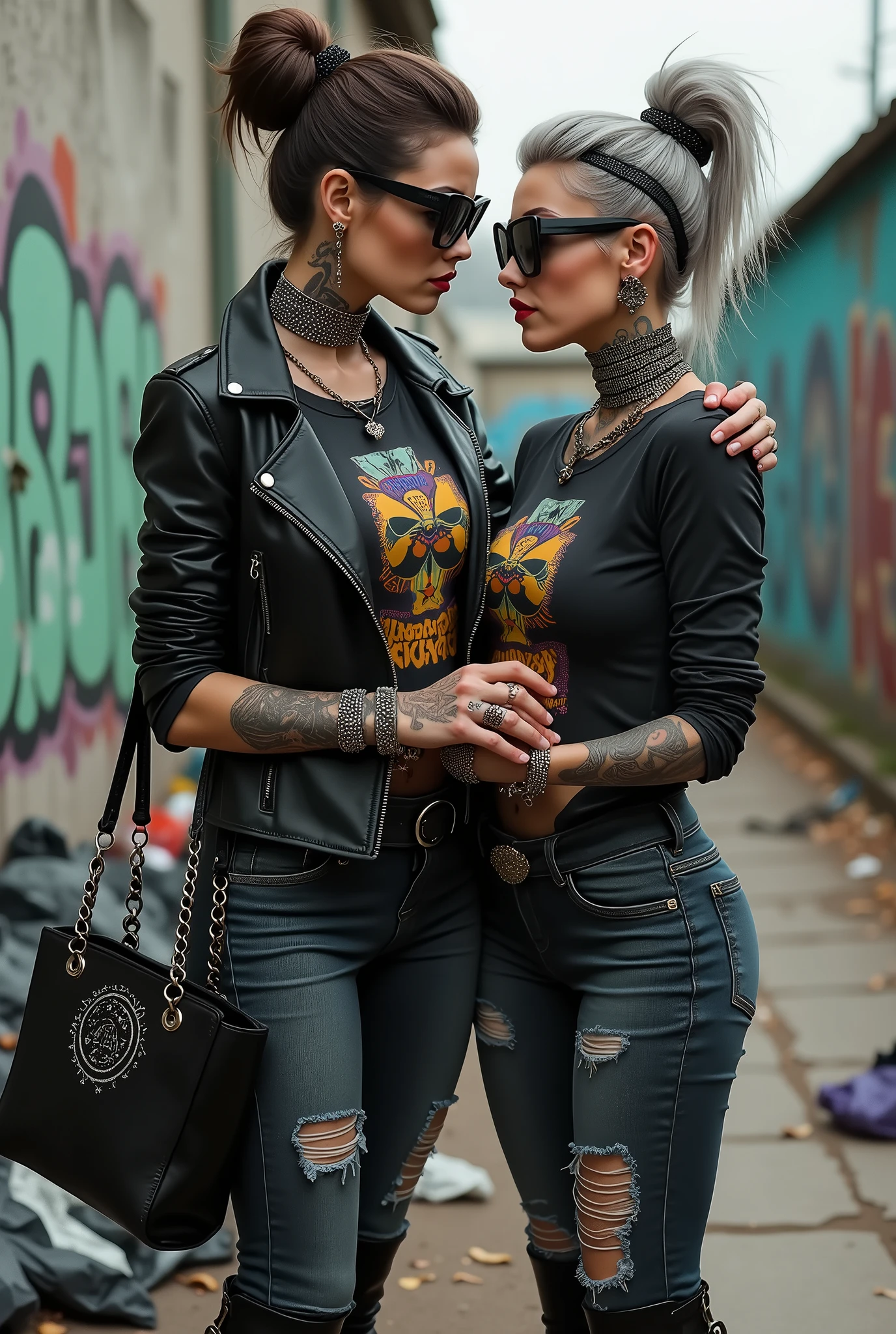 Two russian milf women, the taller dominant one with the arm over the shoulder of the submissive smaller one {seducing her like a predator) and grabbing her arm with the other hand. grey hair (one: bouffant, top bun. The other, straight and middle part}and one wearing oversized square sunglasses and studded headband), with very light green eyes, extremely pale. Big lips. No tan. Wearing aged black moto jacket (zippers on the side, skull and bones pins). Both: old worn dark grey t-shirt with witchcraft logos. Both,, dark skinny low rise grey jeans with holes on knees ( patched with colourful fabric). Both:, dark grey worn jeans {with holes on knees) tucked in black leather knee high boots. . Lots of thick wide studded bracelets, chain collars and big rings. Both, high boots. Tacky wide studded leather belt with big skull and bones oval buckle. Long earrings with chains and feathers. Walking with hands in pockets, stretching her neck, craving., Neck, chest, stomach and wrists heavily tattoed. Toned abdominals, thin neck, slim legs and thin arms. Narrow hips and slim legs. Black leather studded tote bags. Graffitied wall behind, waste on the groun and piled garbage bags around.