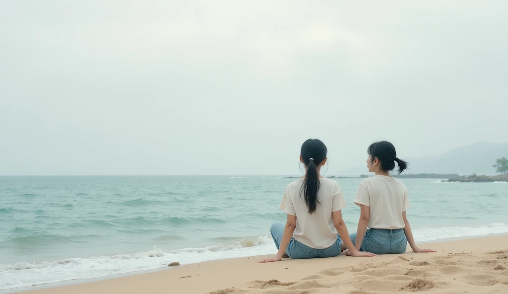 two asian girls, sitting on the sand at the beach looking at the sea on a cloudy day