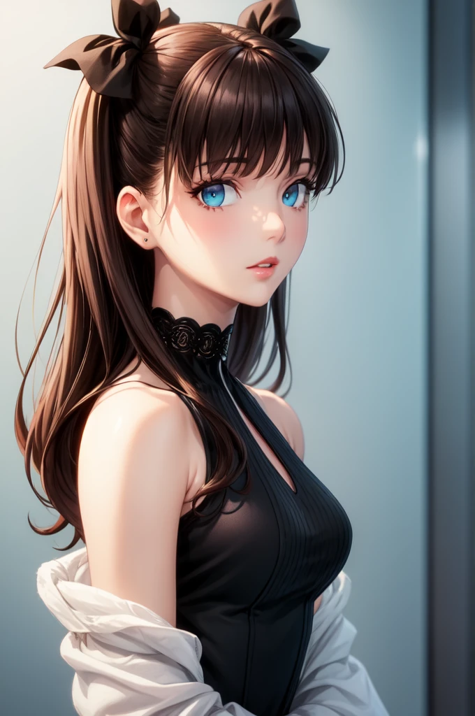 (masterpiece: 1.2), (best quality: 1.2), latest, intricate details, perfect anatomy, detailed skin, detailed eyes, detailed lips, perfect hands, perfect face, highly aesthetic, high resolution, 1 girl, woman, black hair, pale blue eyes, 1girl, solo, long hair, black hair, breasts, looking at viewer, black dress, two black ribbons in hair dress, black dress, off the shoulder, brown highlights, black choker, lips, eyeliner black, black eyelashes, ,TohsakaRin, brown hair, two sides up, parted bangs, blue eyes, hair ribbon, brown hair, full body
