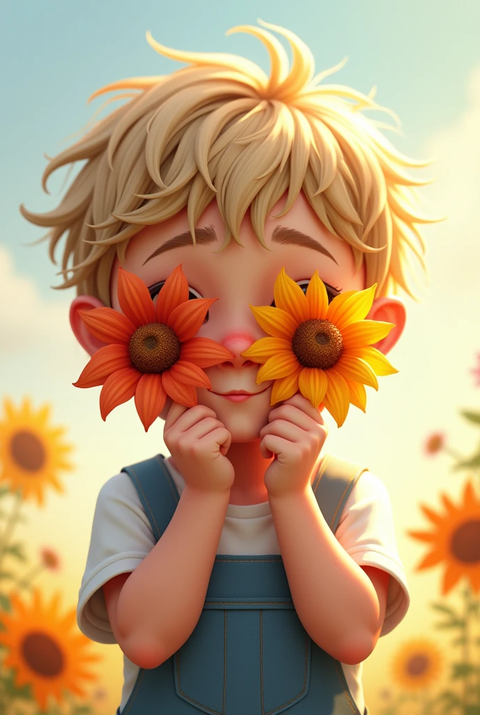 Boy with two flowers covering her eyes