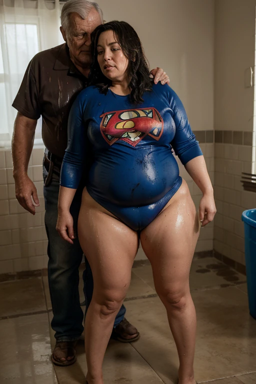 bbw superheroine is standing and paralyzed in front of an old man who caresses her, full body, mature bbw, submissive and exhausted, urinating and defecating standing, wet and dirty clothes, face ahegao