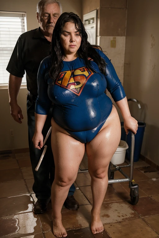 bbw superheroine is standing and paralyzed in front of an old man who caresses her, full body, mature bbw, submissive and exhausted, urinating and defecating standing, wet and dirty clothes, face ahegao