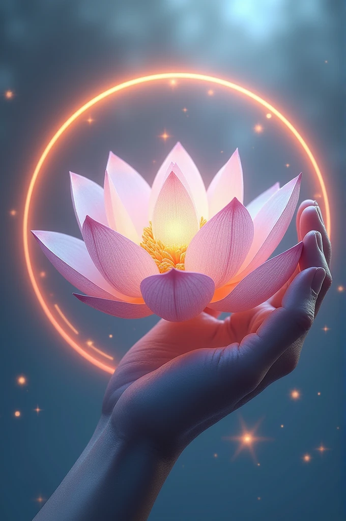 Un logo très détaillé hyper réaliste d'une main dessiné tenant une belle fleur de lotus revisité améliorée encore jamais vue, des étincelles et des lueurs doré dans un cercle double parois
Couleur pastel ton bleutée violet rose doré