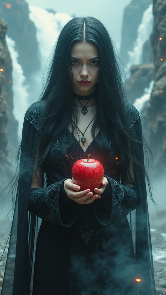 double exposition, superposition, fille cheveux longs noirs ,reine noire, pomme à la main, reine sorcière, cascades tumultueuses