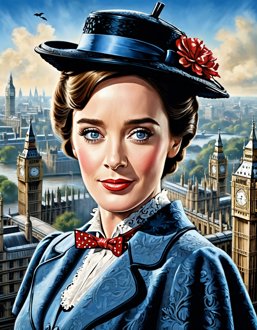 A perfect portrait picture of an enigmatic nany Mary Poppins [Julie Andrews:Emily Blunt:0.5] with aerial background of London, insanely detailed and intricate, realistic style, Don Lawrence Style